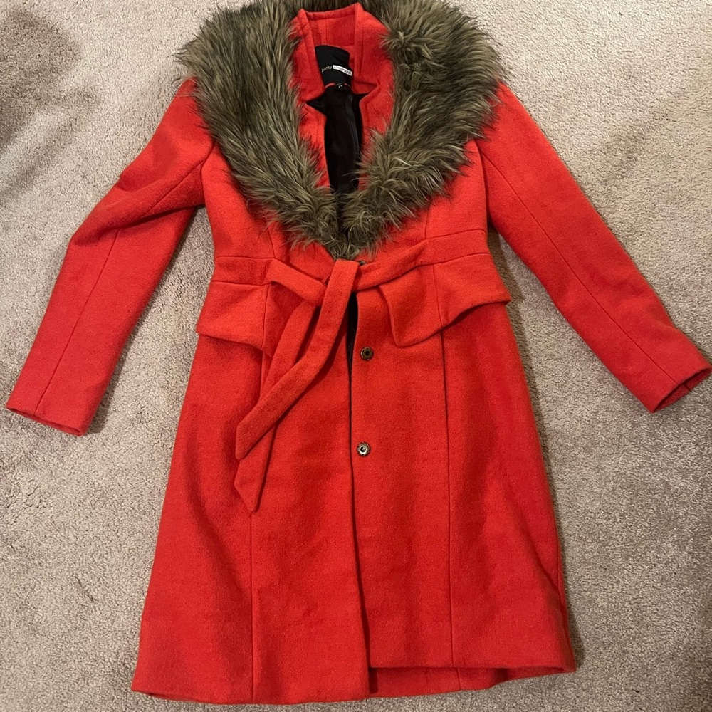 Anthropologie Plenty by Tracey Reese orange faux fur coat Winter Tie Waist
